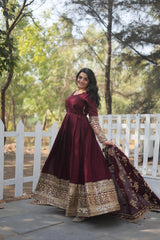 Blissful Vichitra Shimmer Embroidered Work Maroon Color Gown