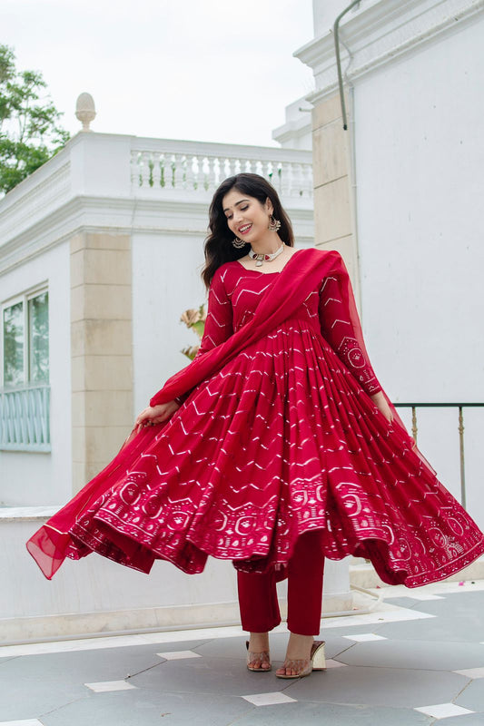 Designer Embroidery Work Red Color Anarkali Gown