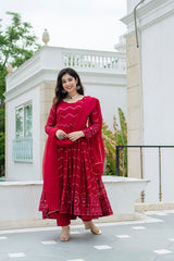 Designer Embroidery Work Red Color Anarkali Gown