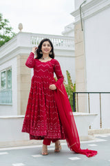 Designer Embroidery Work Red Color Anarkali Gown