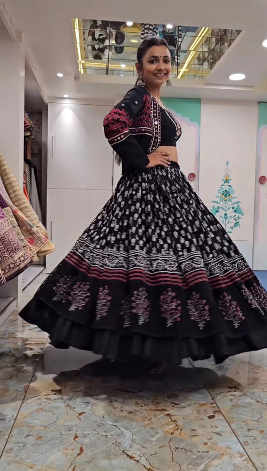 Navratri Special Digital Print Cotton Black Color  Lehenga Choli With Koti