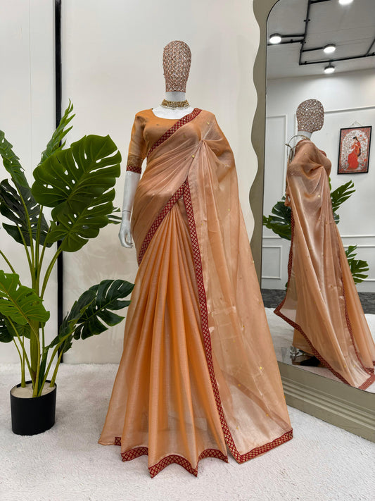 Gorgeous Peach Color Burberry Silk Sequence Work Saree