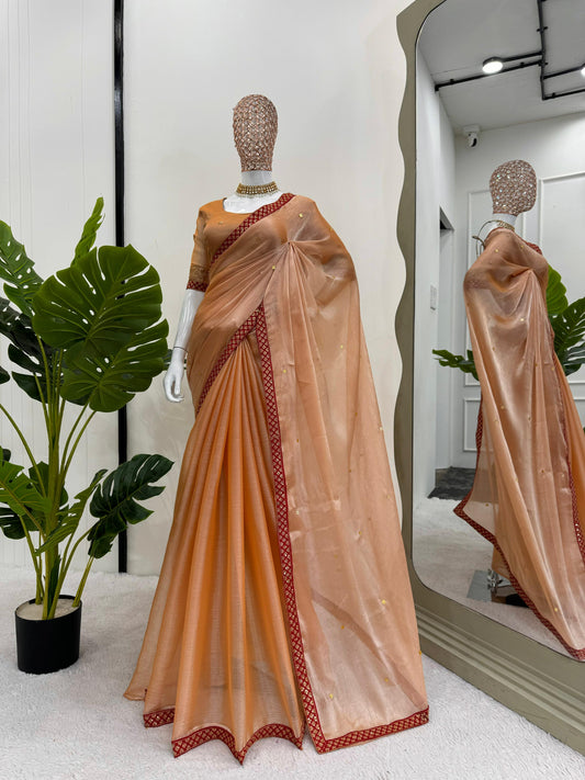 Gorgeous Peach Color Burberry Silk Sequence Work Saree