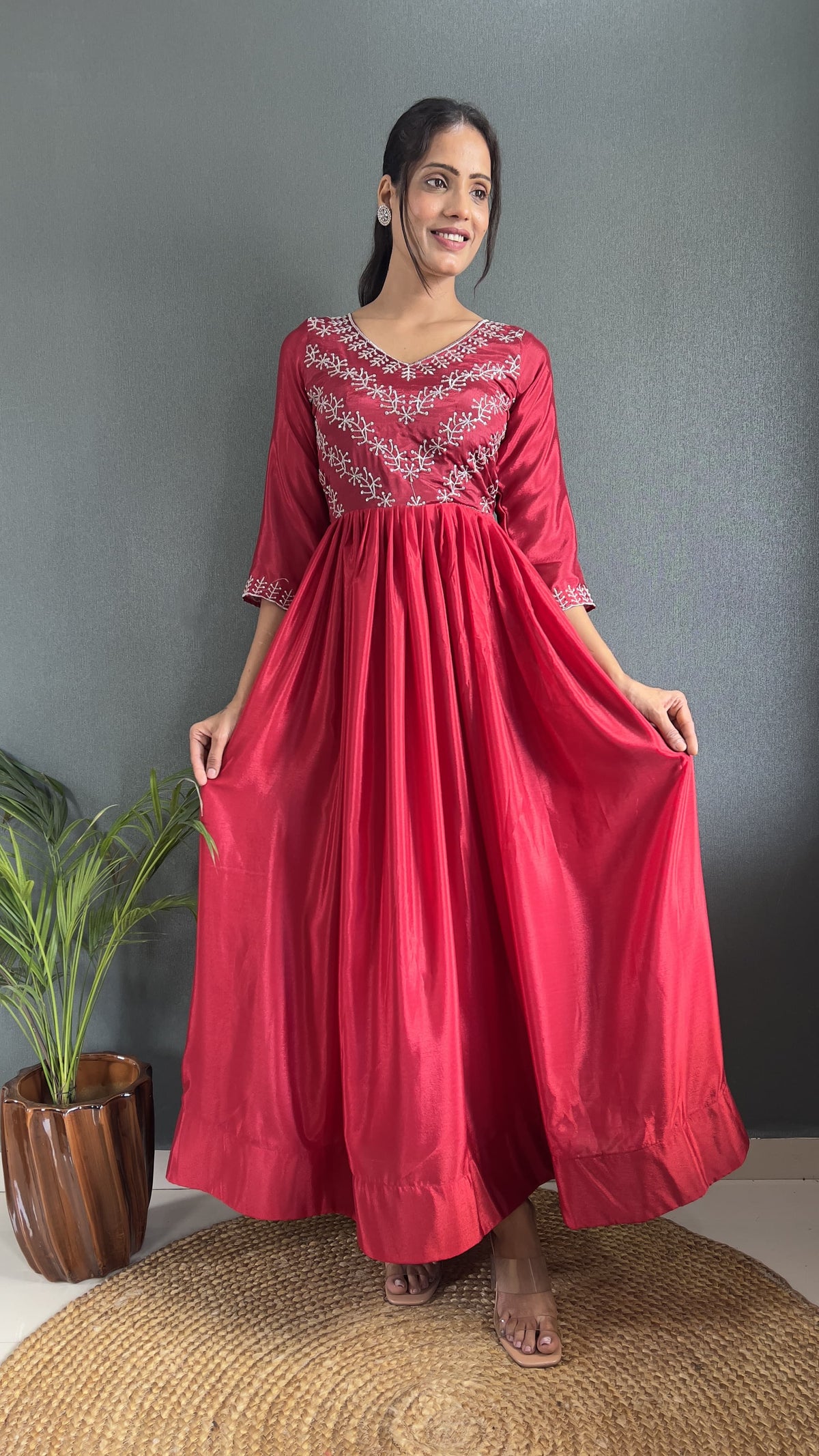 Luxuriant Threads & Sequence Work Red Color Long Gown