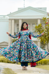 Unique Multi Color Embroidery Work Anarkali Gown With Red Duppatta