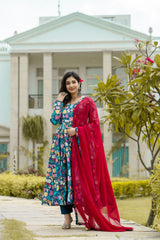 Unique Multi Color Embroidery Work Anarkali Gown With Red Duppatta