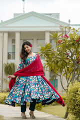 Unique Multi Color Embroidery Work Anarkali Gown With Red Duppatta