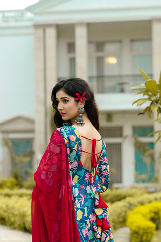 Unique Multi Color Embroidery Work Anarkali Gown With Red Duppatta