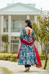 Unique Multi Color Embroidery Work Anarkali Gown With Red Duppatta