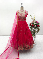 Festive Wear Georgette Pink Color Heavy Work Long Anarkali Gown