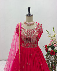 Festive Wear Georgette Pink Color Heavy Work Long Anarkali Gown