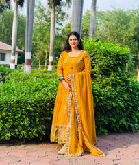 Pretty Embroidery Work Yellow Georgette Anarkali Gown