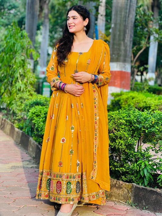 Pretty Embroidery Work Yellow Georgette Anarkali Gown