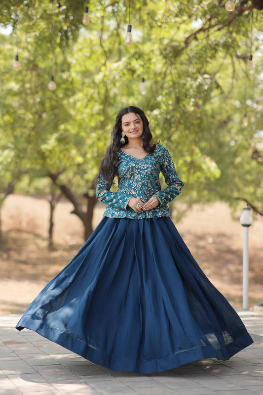 Demanding Teal Blue Color Plain Lehenga With Sequence Work Top