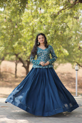 Demanding Teal Blue Color Plain Lehenga With Sequence Work Top