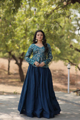 Demanding Teal Blue Color Plain Lehenga With Sequence Work Top