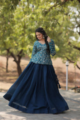 Demanding Teal Blue Color Plain Lehenga With Sequence Work Top