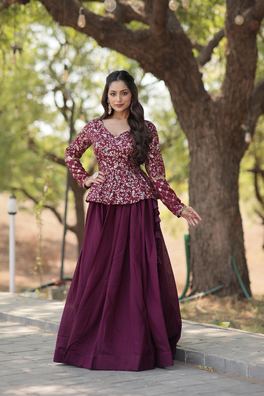 Demanding Wine Color Plain Lehenga With Sequence Work Top