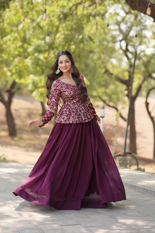 Demanding Wine Color Plain Lehenga With Sequence Work Top