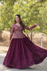 Demanding Wine Color Plain Lehenga With Sequence Work Top