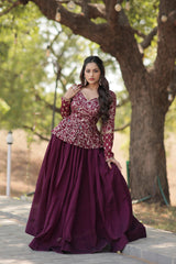 Demanding Wine Color Plain Lehenga With Sequence Work Top