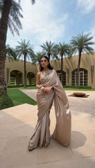 Stylish Satin Silk Mirror Work Beige Color Saree