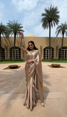 Stylish Satin Silk Mirror Work Beige Color Saree