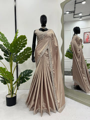 Stylish Satin Silk Mirror Work Beige Color Saree