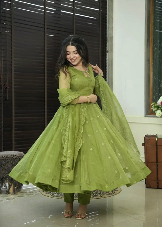 Peaceful Georgette Green Color Embroidery Work Anarkali Gown