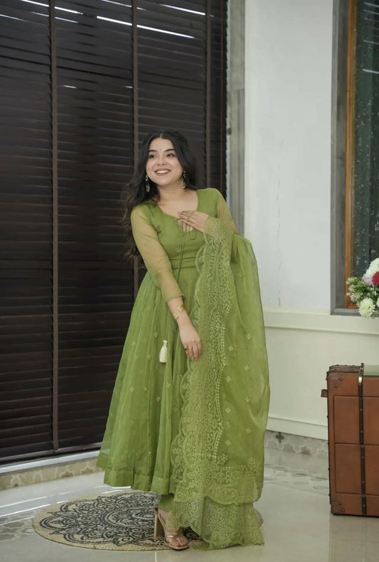 Peaceful Georgette Green Color Embroidery Work Anarkali Gown