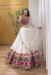 Blissful Georgette Mirror Work White Color Navratri Lehenga Choli