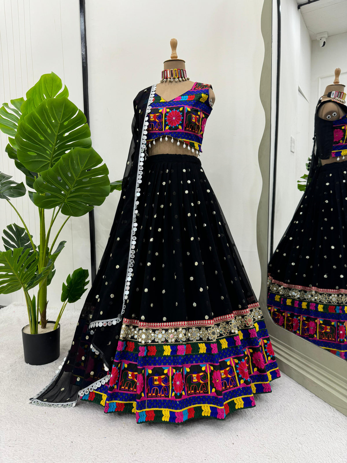 Blissful Georgette Mirror Work Black Color Navratri Lehenga Choli