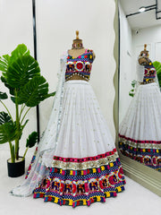 Blissful Georgette Mirror Work White Color Navratri Lehenga Choli