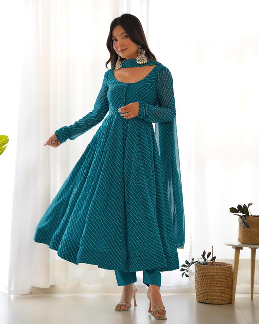 Graceful Georgette Leheriya Print Anarkali Sky Blue Color Gown With Dupatta