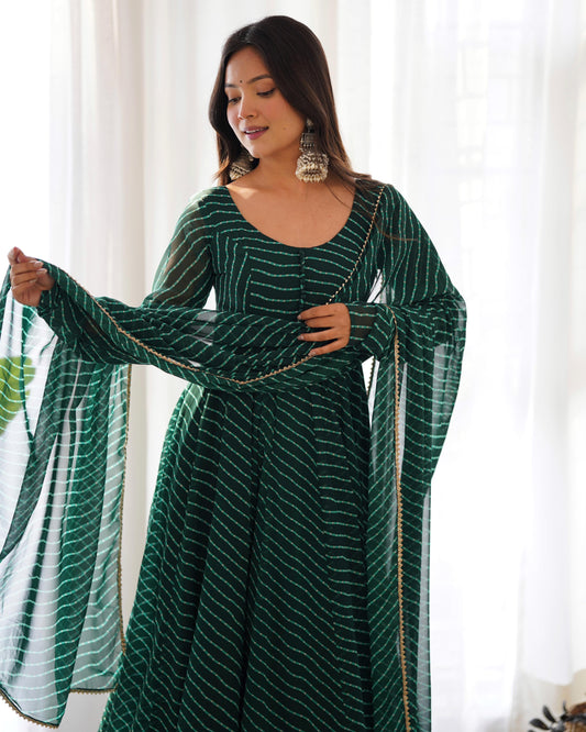 Graceful Georgette Leheriya Print Anarkali Green Color Gown With Dupatta