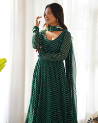 Graceful Georgette Leheriya Print Anarkali Green Color Gown With Dupatta