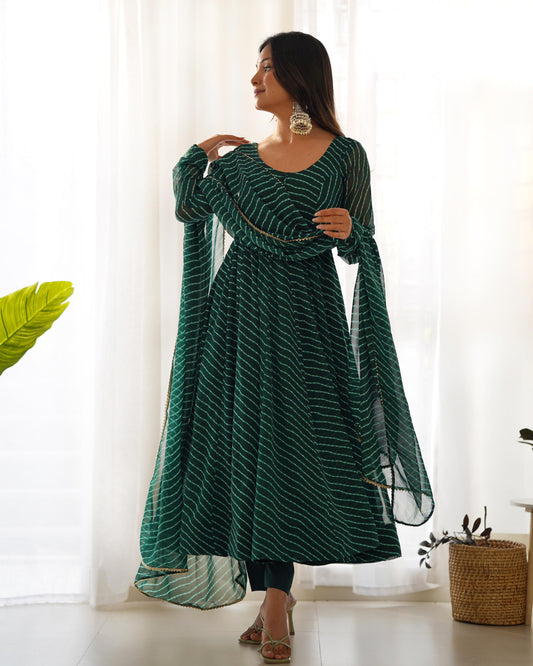 Graceful Georgette Leheriya Print Anarkali Green Color Gown With Dupatta