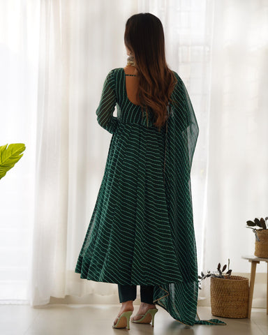Graceful Georgette Leheriya Print Anarkali Green Color Gown With Dupatta