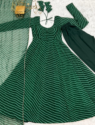 Graceful Georgette Leheriya Print Anarkali Green Color Gown With Dupatta
