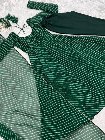 Graceful Georgette Leheriya Print Anarkali Green Color Gown With Dupatta