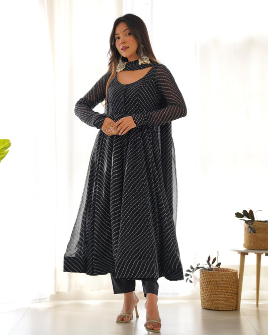 Graceful Georgette Leheriya Print Anarkali Black Color Gown With Dupatta