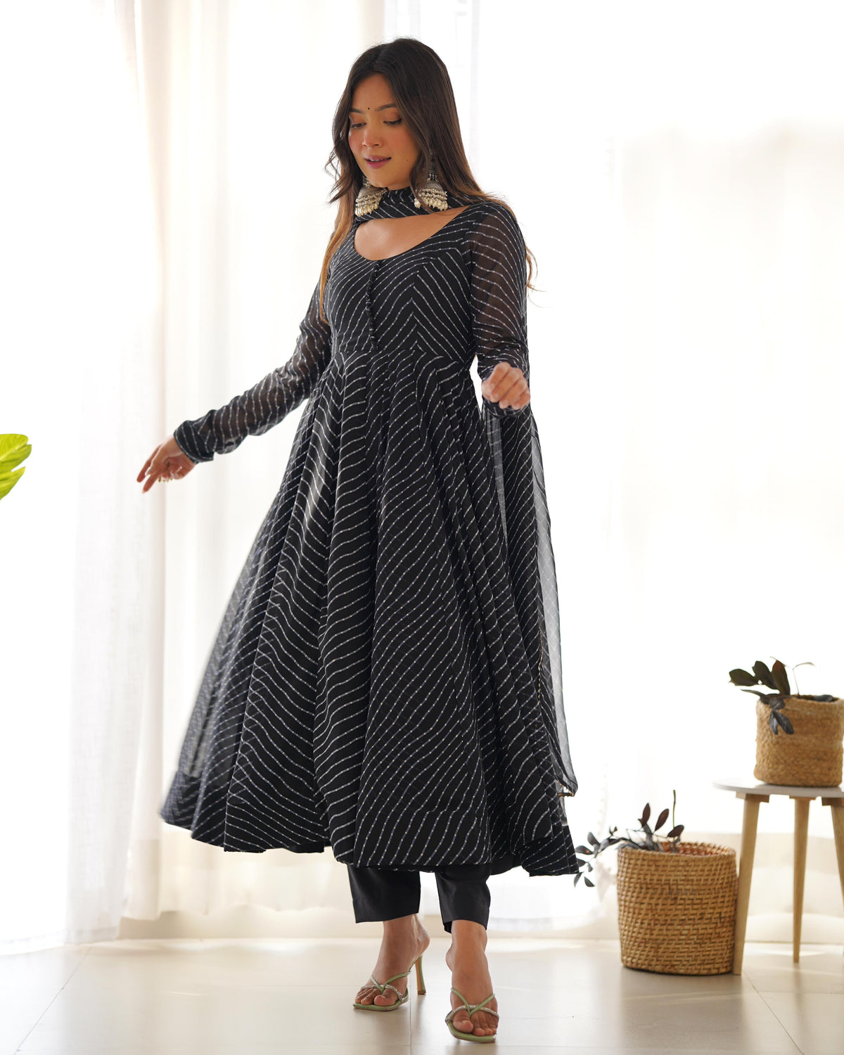 Graceful Georgette Leheriya Print Anarkali Black Color Gown With Dupatta