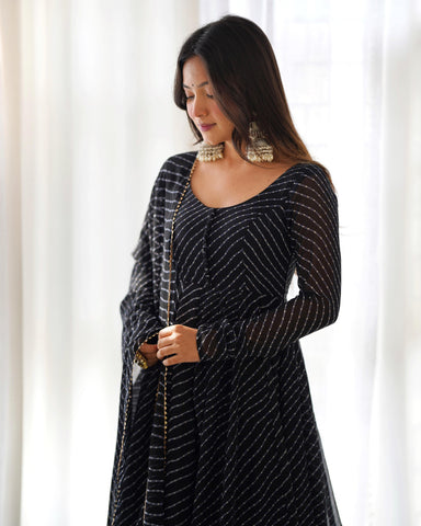 Graceful Georgette Leheriya Print Anarkali Black Color Gown With Dupatta