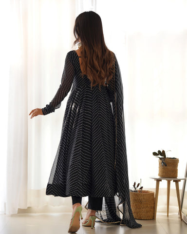 Graceful Georgette Leheriya Print Anarkali Black Color Gown With Dupatta