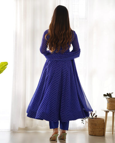 Graceful Georgette Leheriya Print Anarkali Blue Color Gown With Dupatta