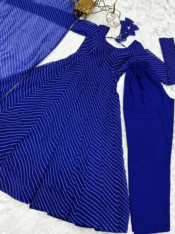 Graceful Georgette Leheriya Print Anarkali Blue Color Gown With Dupatta