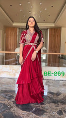 Party Wear Ruffle Flair Red Color Lehenga Saree