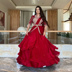 Party Wear Ruffle Flair Red Color Lehenga Saree