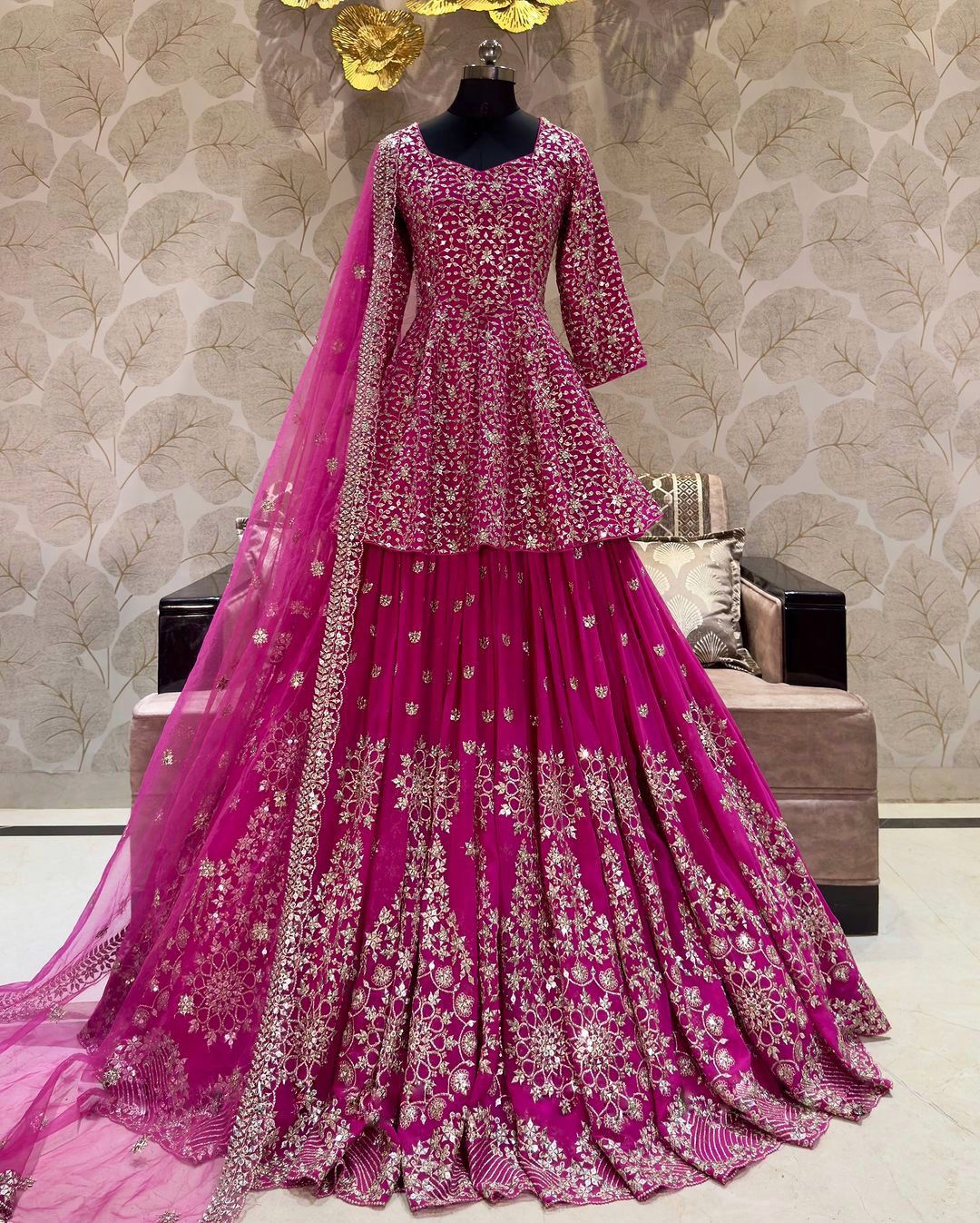 Wedding Wear Georgette Heavy Work Pink Color Top With Lehenga