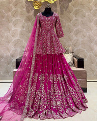 Wedding Wear Georgette Heavy Work Pink Color Top With Lehenga